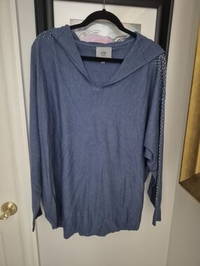 LIV Hooded Pullover Sweater with Studded Sleeves - Blue 2X